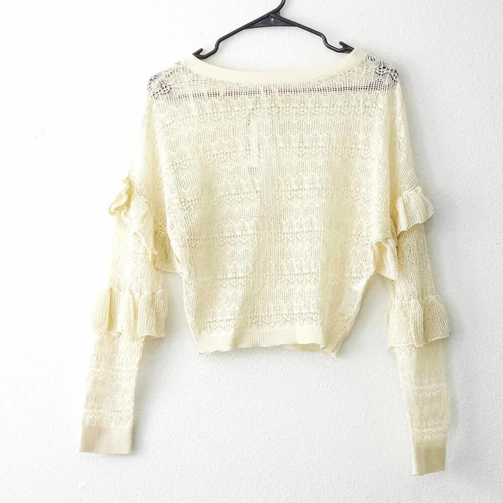 NWT Anthropologie Cream Sheer Open-Stitch Ruffle Summer Pullover Size XXS